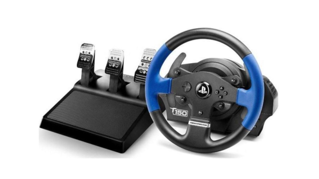 The best sim racing wheels for beginners - the Thrustmaster T150 Pro with three pedals